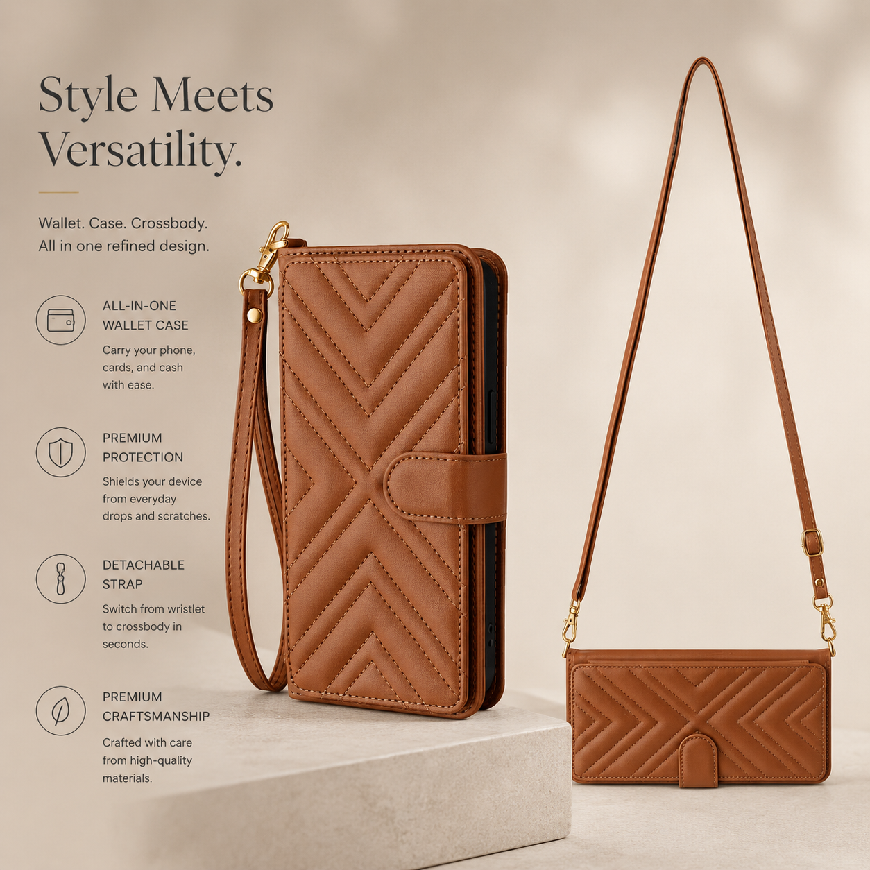 Premium iPhone Case Crossbody Wallet PU Leather Cover Card Holder Shoulder Strap Magnetic Closure Shockproof Full Coverage Slim Design