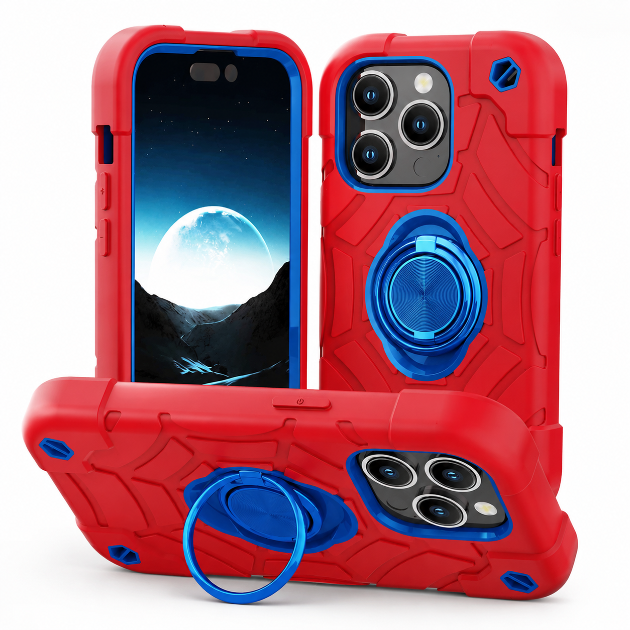 Premium iPhone Case Rugged Armor Cover Dual Layer Shockproof PC TPU Ring Holder Kickstand Anti Slip Grip Full Protection Design