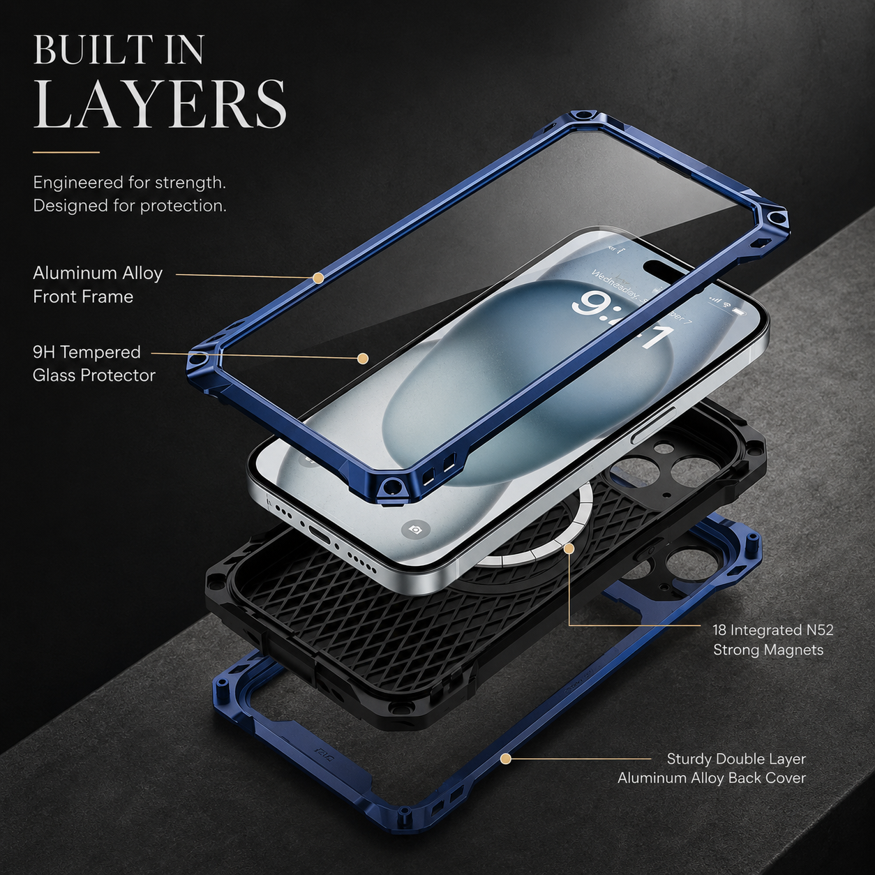 Premium iPhone Case Heavy Duty Metal MagSafe Cover Camera Guard Kickstand 9H Screen Protector Shockproof Aluminum Bumper Full Coverage Protective Design