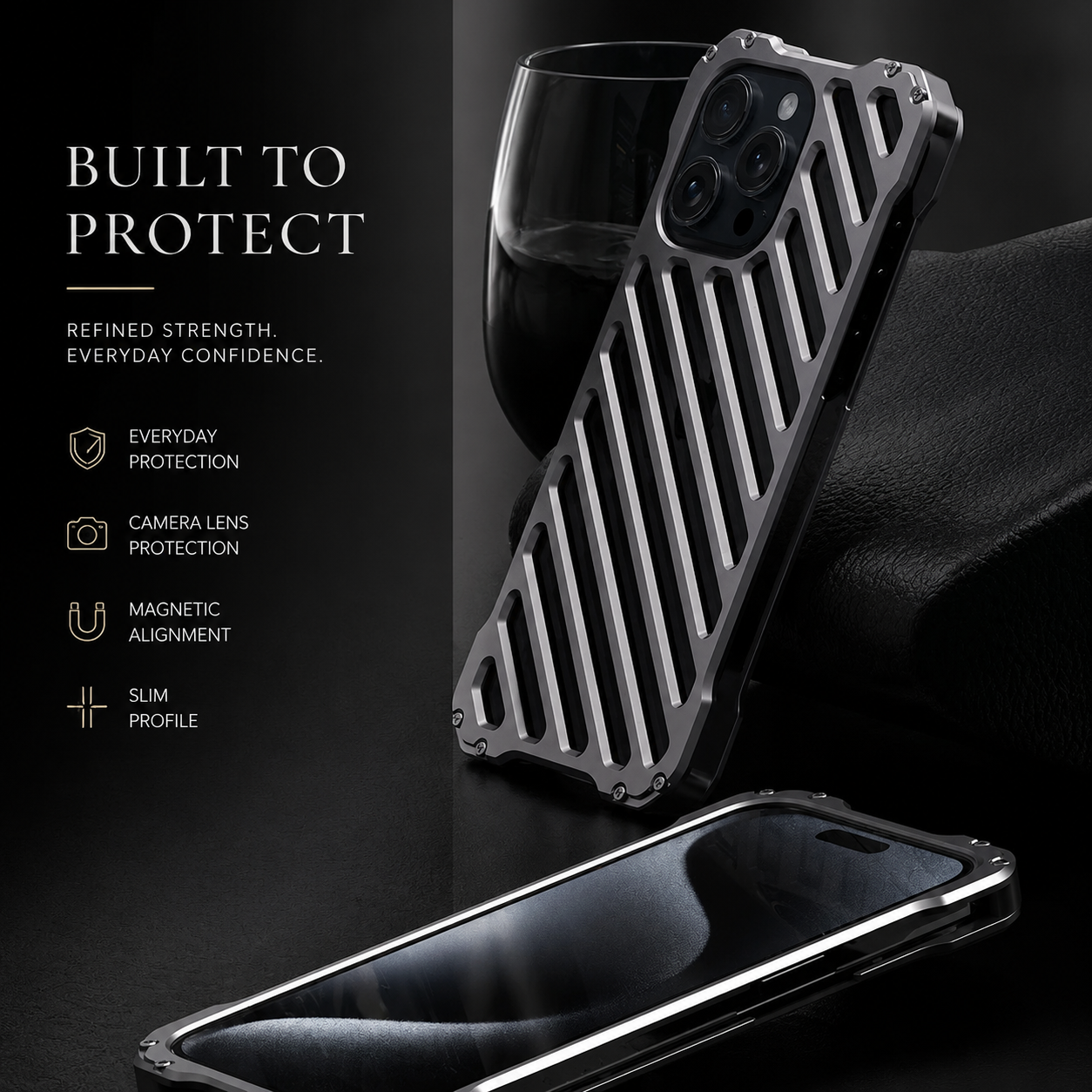 Premium iPhone Case Aluminum Armor Bumper Shockproof Transparent Hard Cover 3D Camera Lens Protection Rugged Metal Gear Anti Slip Full Coverage Design