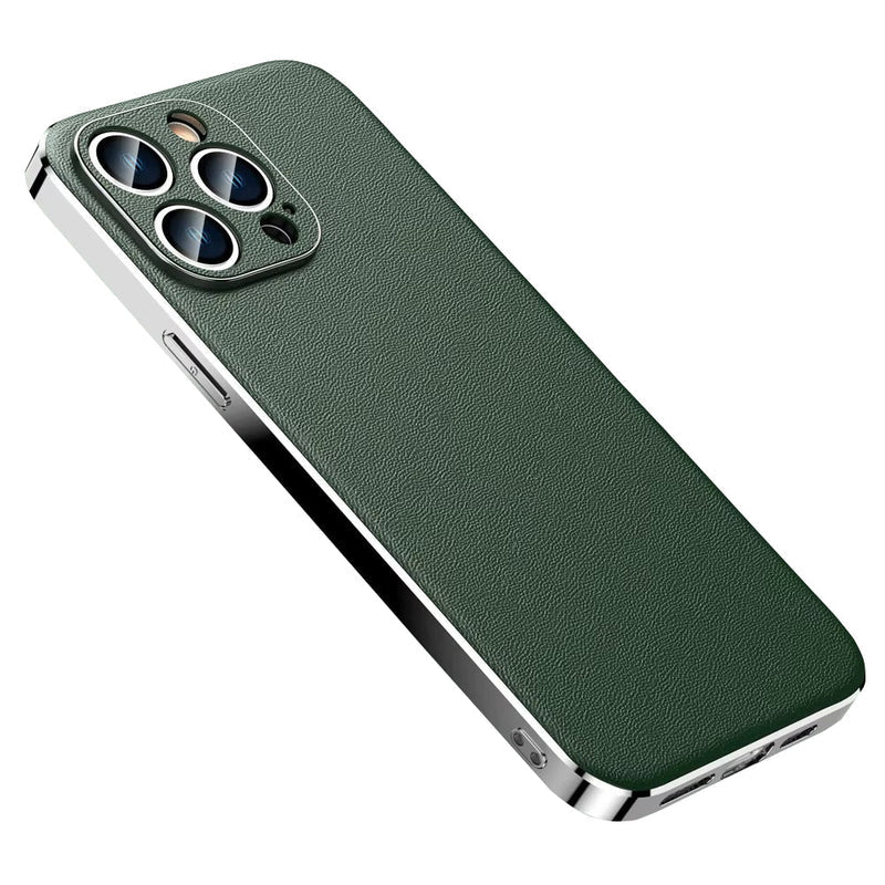 Premium iPhone Case Genuine Cowhide Leather Protective Cover MagSafe Compatible Camera Lens Protection Shockproof Plating Frame Slim Full Coverage