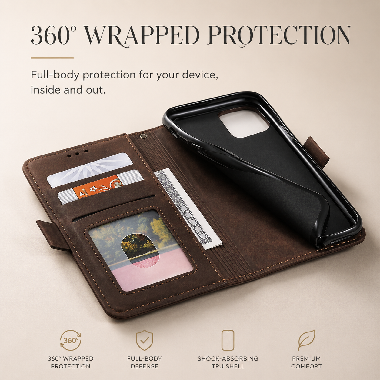 Premium iPhone Case Leather Wallet Flip Cover MagSafe Compatible Card Holder Magnetic Closure Shockproof Camera Protection Stand Full Coverage