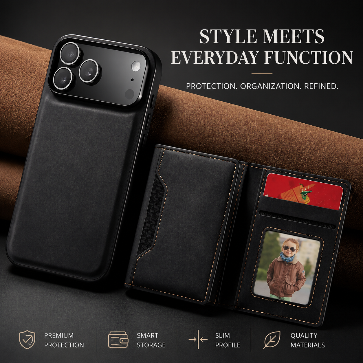 Premium iPhone Case Magnetic Leather Wallet Cover Card Holder Kickstand Money Slot Shockproof Protective Cover Anti Scratch Slim Half Wrapped