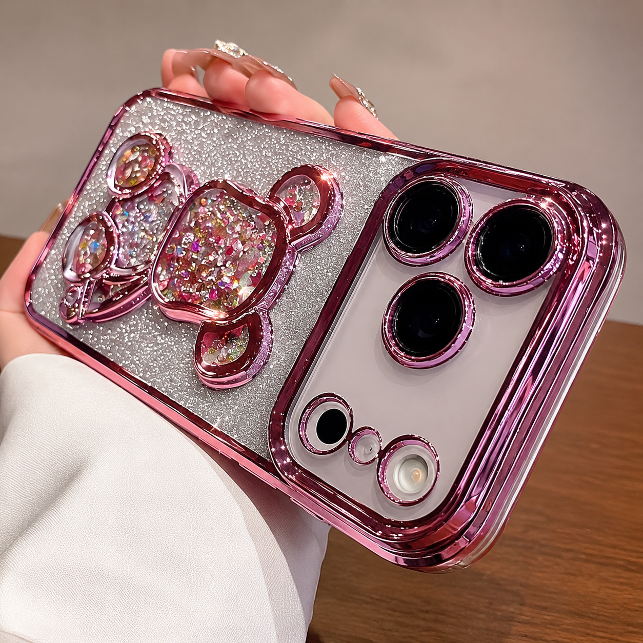 Premium iPhone Case Glitter Quicksand Bear Cover Shockproof Acrylic Plated Camera Protection Dustproof Full Coverage Anti Scratch Protective Design
