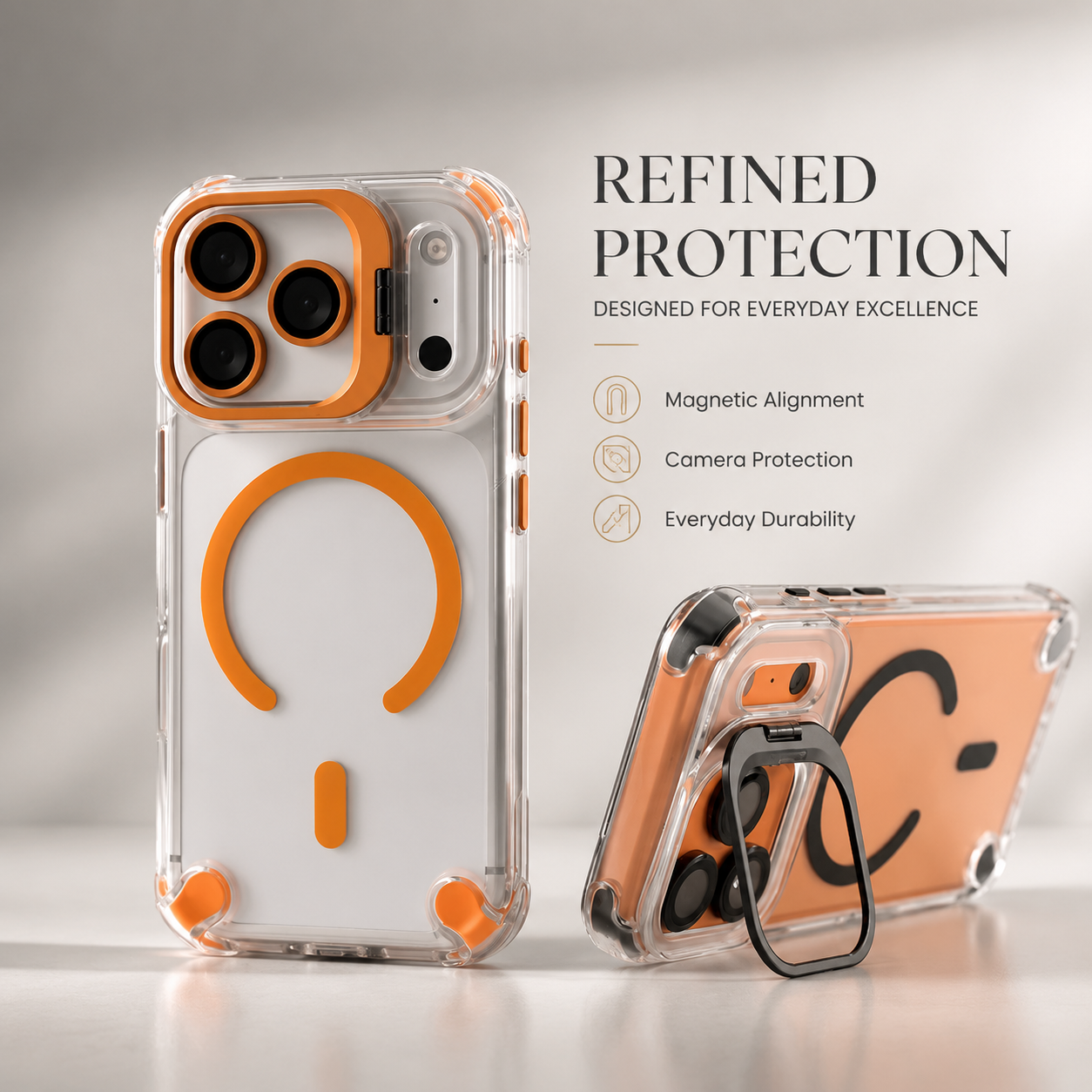 Premium iPhone Case Transparent Magnetic Shockproof Cover Glass Lens Protector Stand Holder MagSafe Compatible Non Slip Full Coverage Design