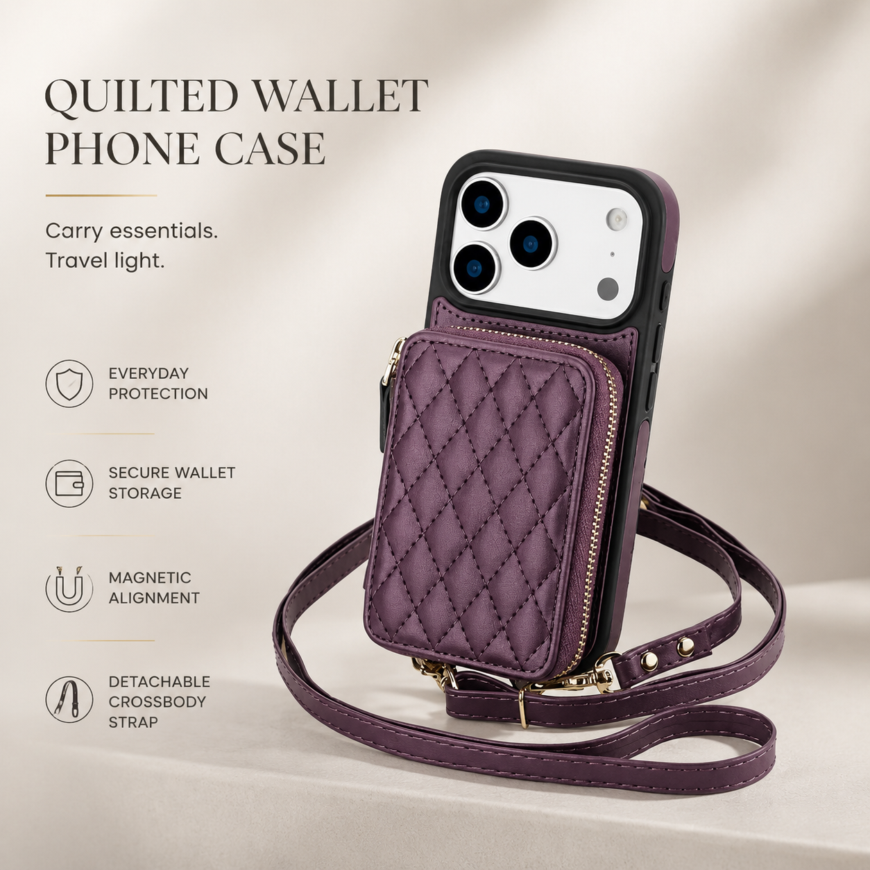 Premium iPhone Case Crossbody Wallet Folio Cover RFID Blocking Card Holder Zipper Kickstand Wrist Strap Shockproof Protective Full Coverage