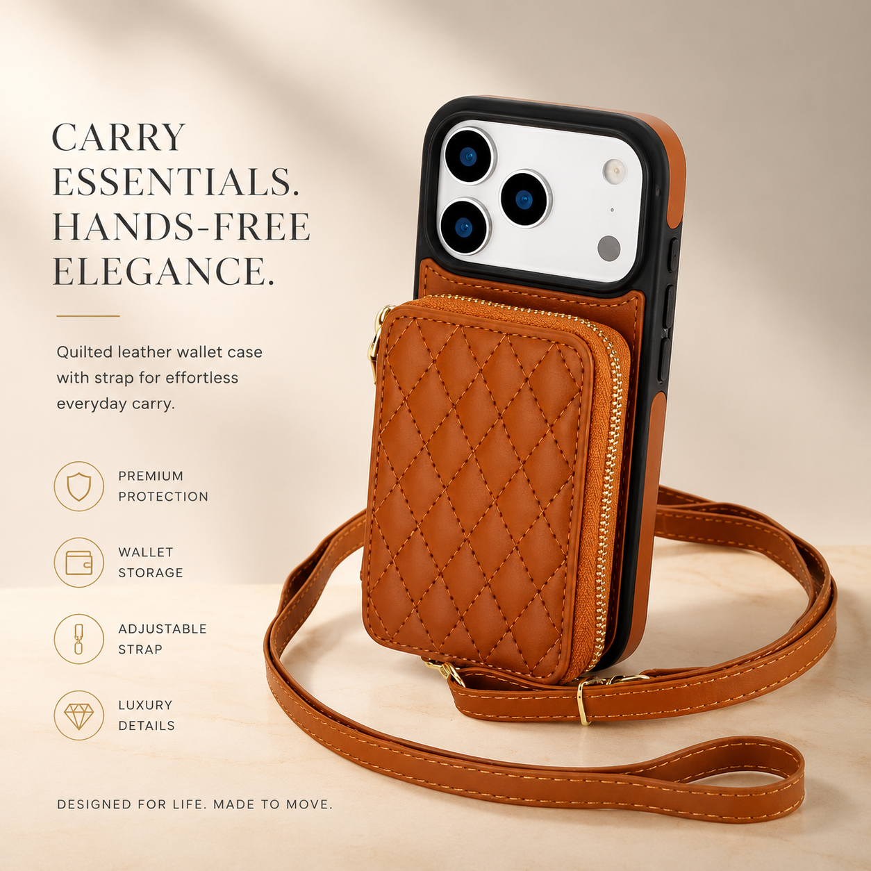 Premium iPhone Case Crossbody Wallet Folio Cover RFID Blocking Card Holder Zipper Kickstand Wrist Strap Shockproof Protective Full Coverage