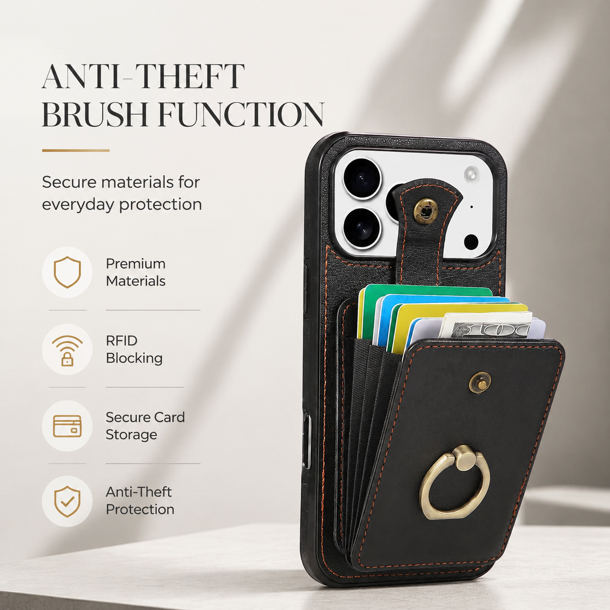 Premium iPhone Case Wallet Cover Card Holder RFID Blocking Ring Kickstand PU Leather Shockproof Protective Cover Anti Scratch Slim Full Protection