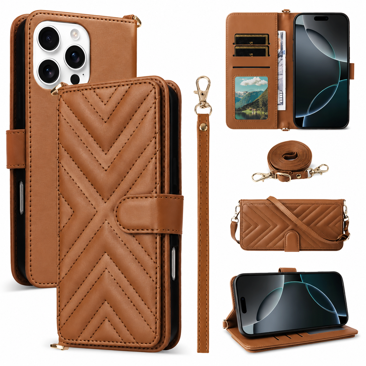 Premium iPhone Case Crossbody Wallet PU Leather Cover Card Holder Shoulder Strap Magnetic Closure Shockproof Full Coverage Slim Design