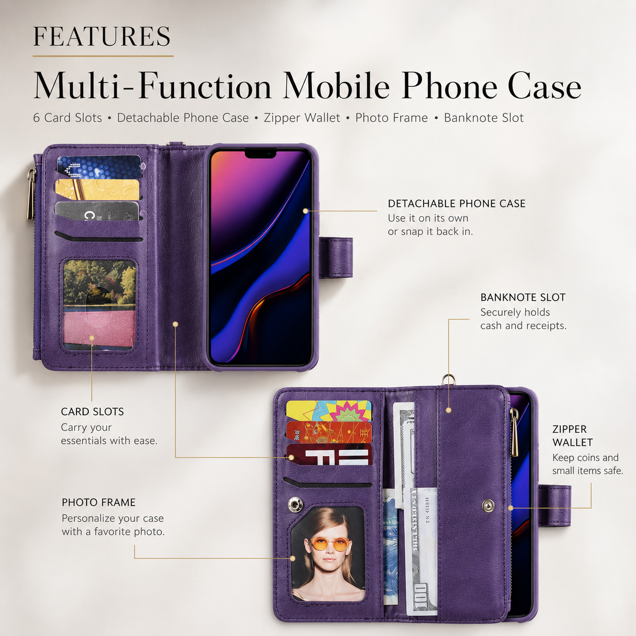 Premium iPhone Case Magnetic Detachable Wallet PU Leather Flip Cover Card Holder Kickstand Shockproof Full Coverage Protective Design