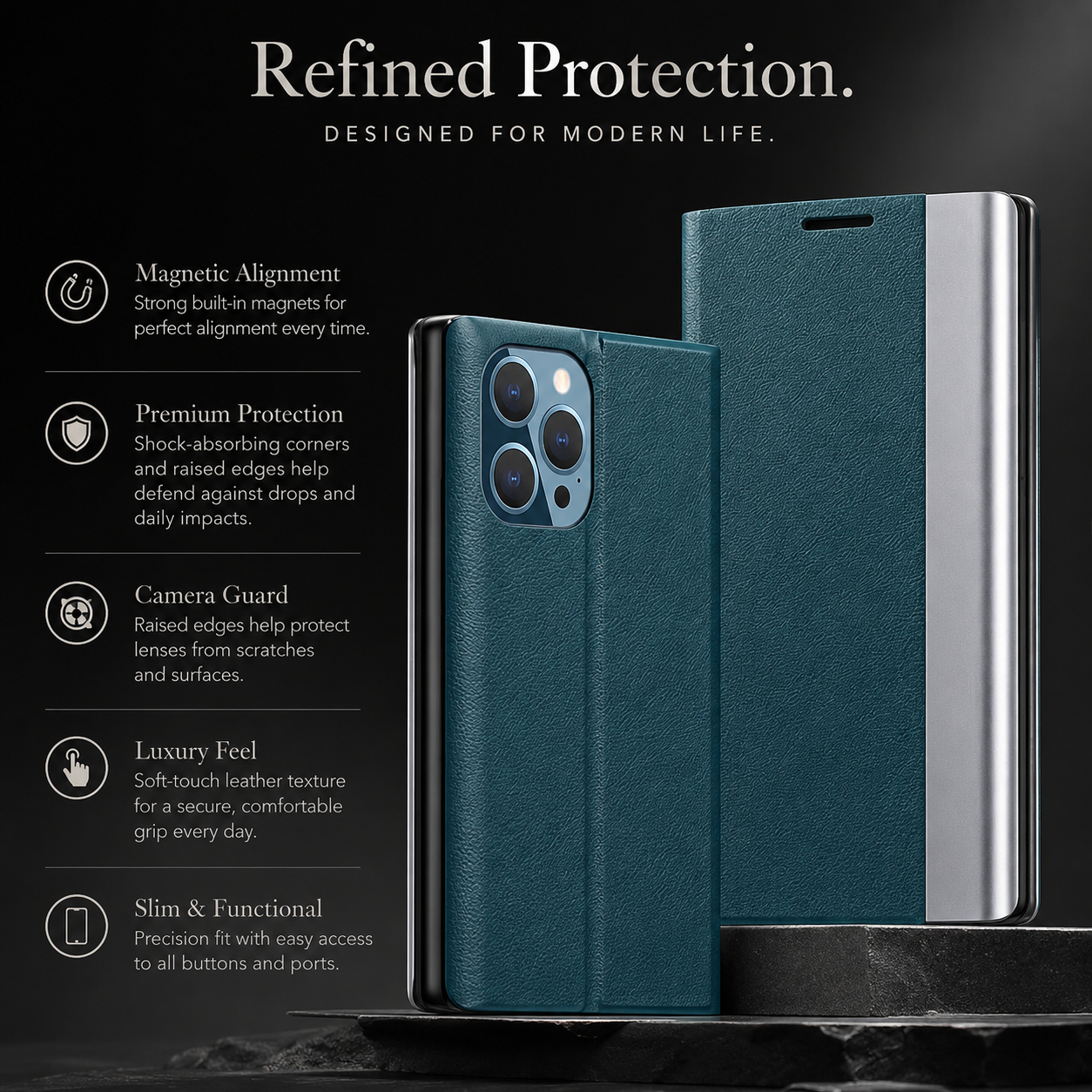 Premium iPhone Flip Wallet Case MagSafe Compatible Magnetic Card Holder Shockproof Protective Cover PU Leather Stand Full Screen Protection Slim Design