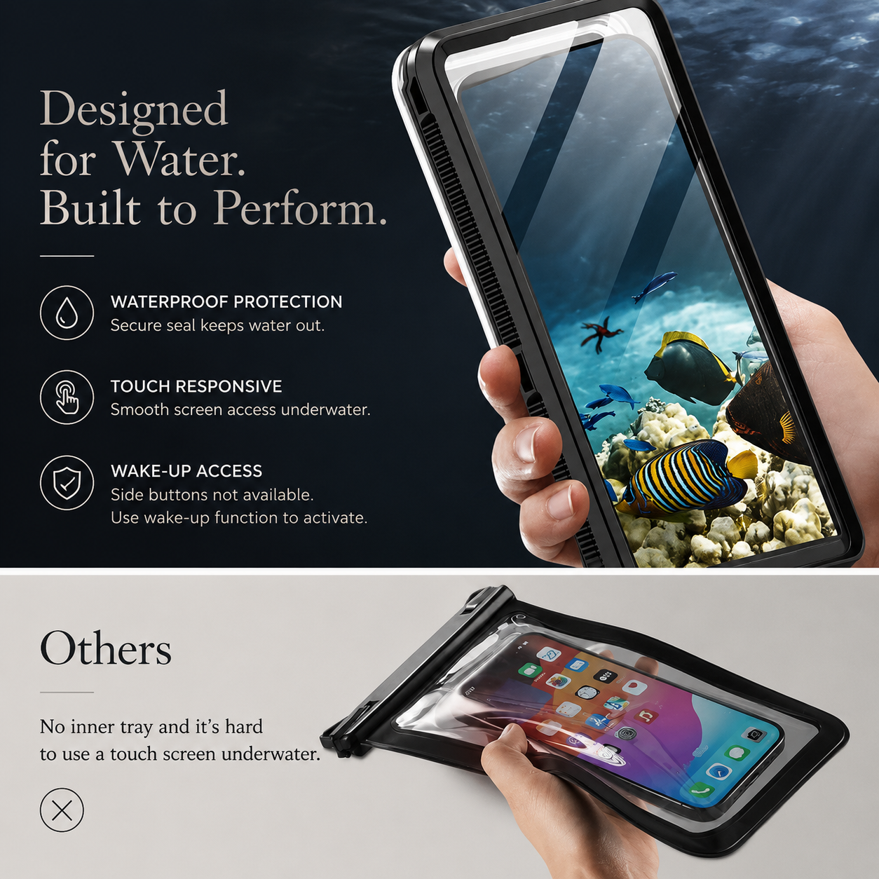Premium iPhone Case Waterproof IP68 Protective Cover Full Body Shockproof Vacuum Seal System Underwater Touchscreen Access Dustproof Durable Design