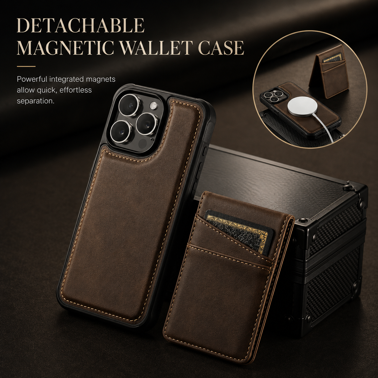 Premium iPhone Case Magnetic Detachable Wallet Flip Cover PU Leather Card Holder Cash Pocket Wrist Strap Shockproof Full Coverage Protective Design