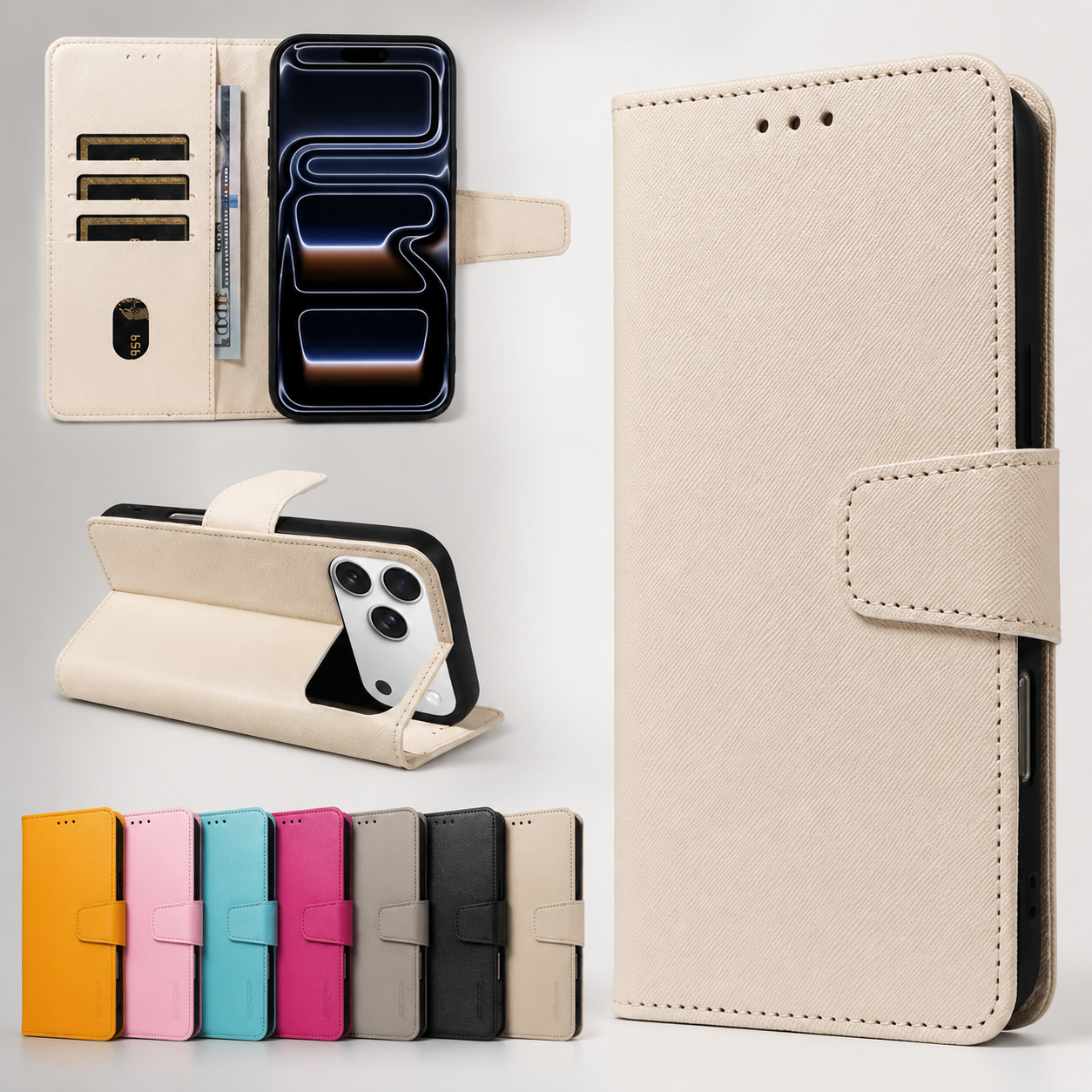 Premium iPhone Case Magnetic Leather Wallet Kickstand Shockproof MagSafe Compatible Card Holder Artificial Leather Full Coverage Protective Design