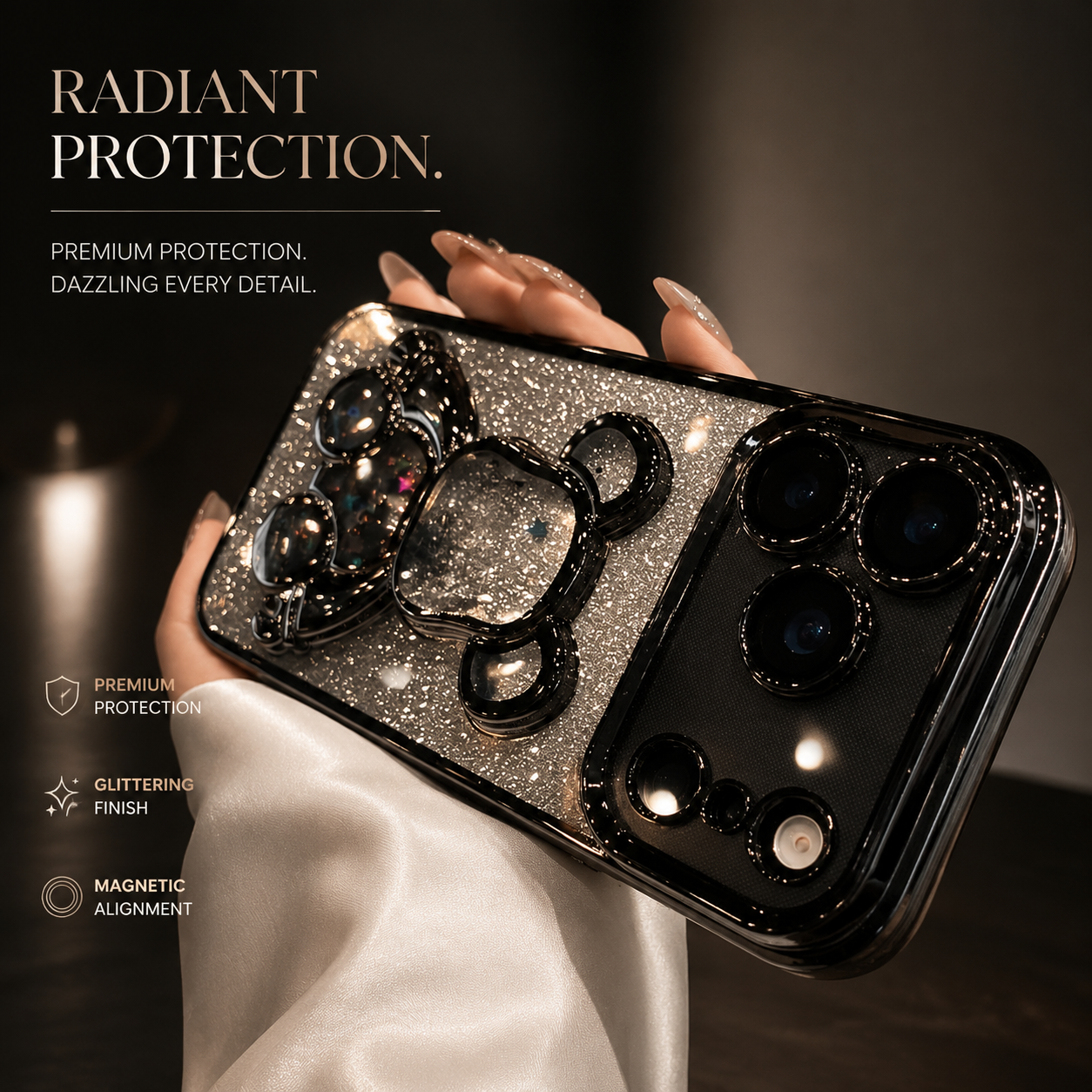 Premium iPhone Case Glitter Quicksand Bear Cover Shockproof Acrylic Plated Camera Protection Dustproof Full Coverage Anti Scratch Protective Design