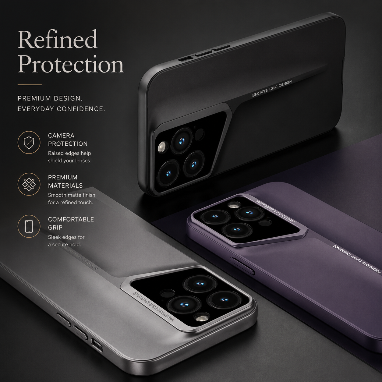 Premium iPhone Case Ultra Thin Titanium Finish Blade Style Shockproof Lens Protection Lightweight Half Wrapped Protective Cover Full Coverage Design