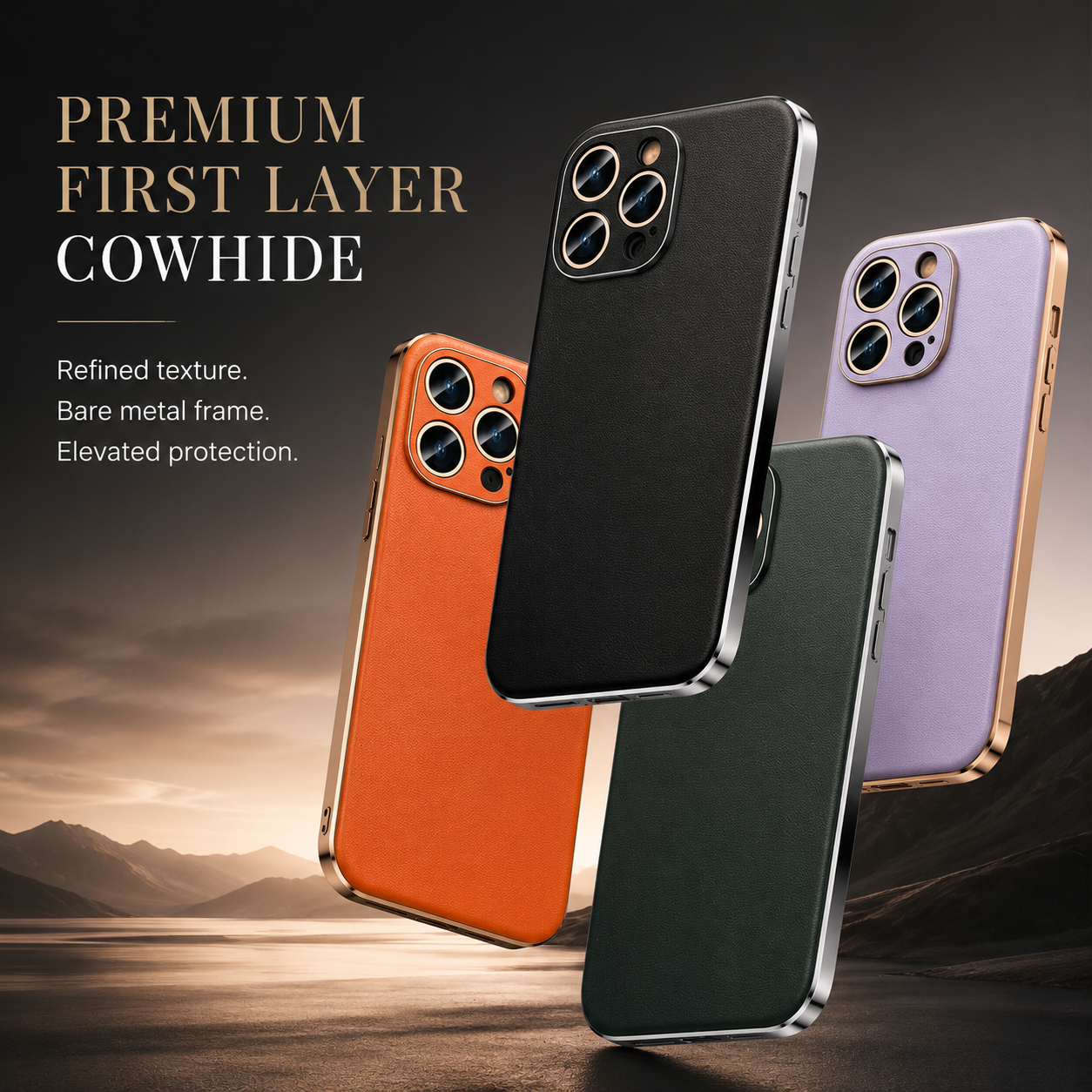 Premium iPhone Case Genuine Cowhide Leather Protective Cover MagSafe Compatible Camera Lens Protection Shockproof Plating Frame Slim Full Coverage