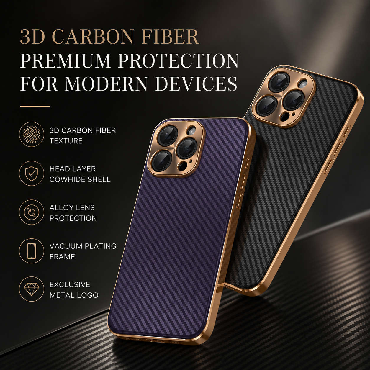 Premium iPhone Case Carbon Fiber Textured Leather Protective Cover Metal Camera Lens Guard Shockproof Slim Fit Durable Armor Design Full Coverage Case
