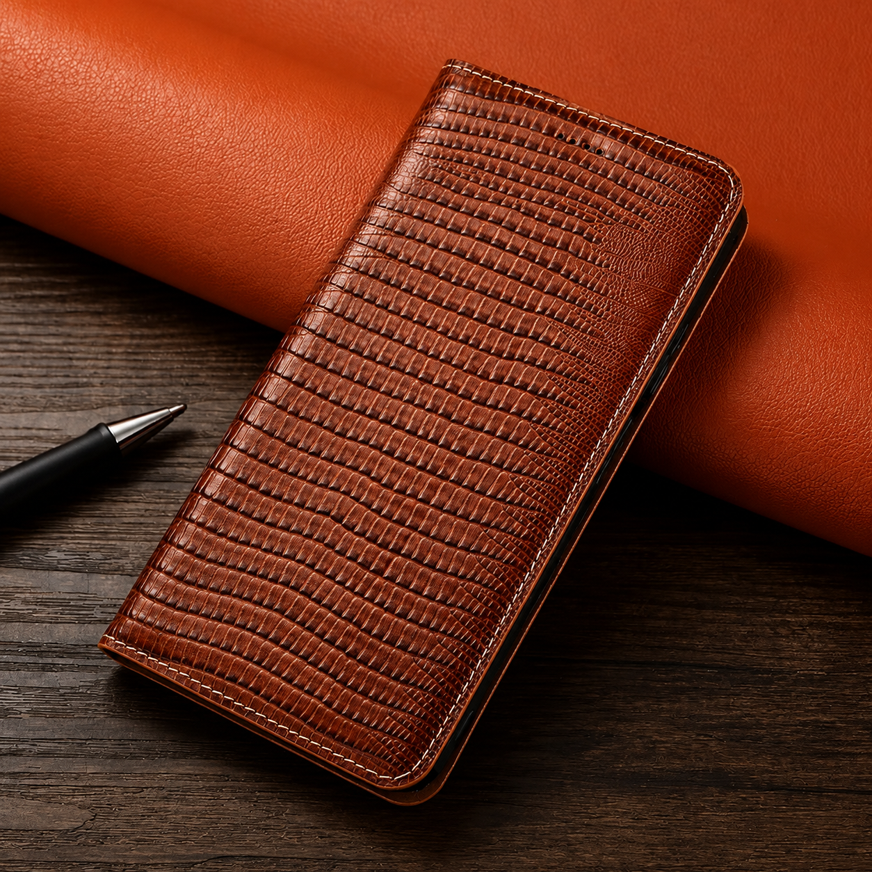 Premium iPhone Case Genuine Leather Flip Cover Wallet Card Holder Magnetic Closure Shockproof Camera Protection Crocodile Grain Stand Full Coverage