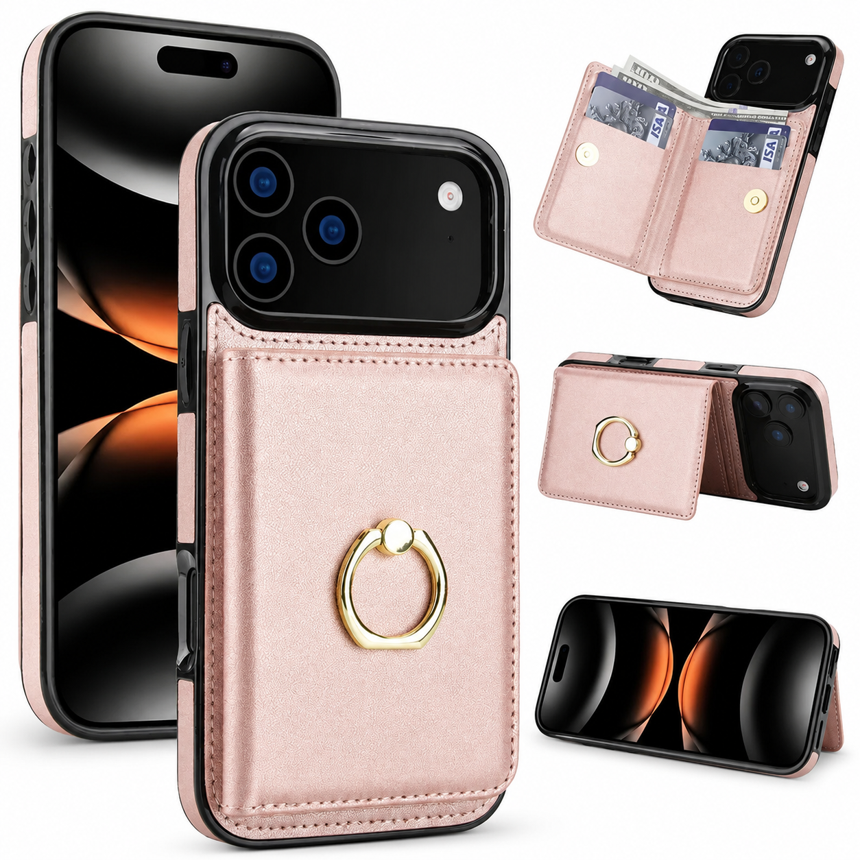 Premium iPhone Case Wallet Flip Cover Card Holder Magnetic Clasp Ring Kickstand PU Leather Shockproof Protective Cover Anti Scratch Full Protection Slim