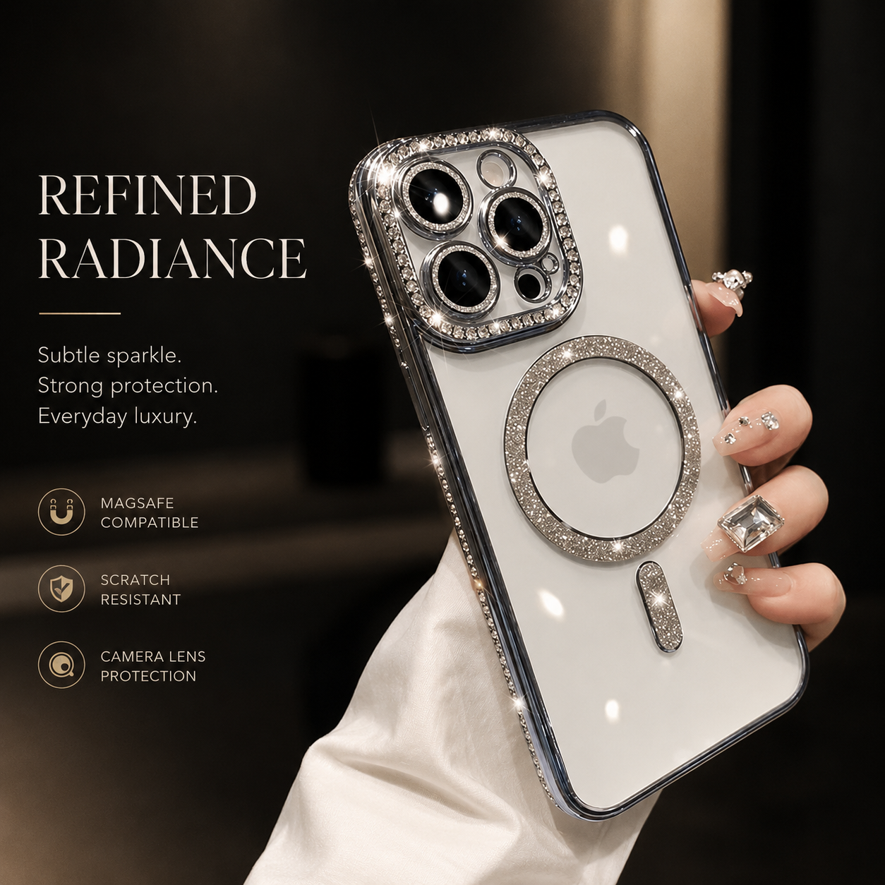 Premium iPhone Case MagSafe Compatible Transparent Glitter Diamond Design Shockproof Bumper Protective Cover Camera Lens Guard Ultra Thin Slim Design