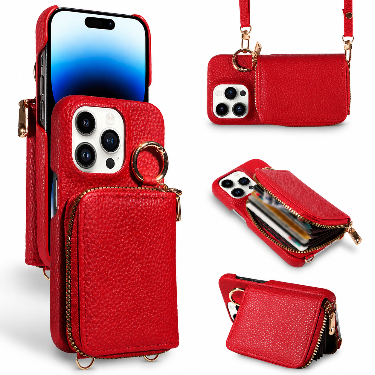 Premium iPhone Case Leather Wallet Crossbody Cover MagSafe Compatible Card Holder Zipper Pocket Magnetic Closure Shockproof Full Coverage Lanyard Strap