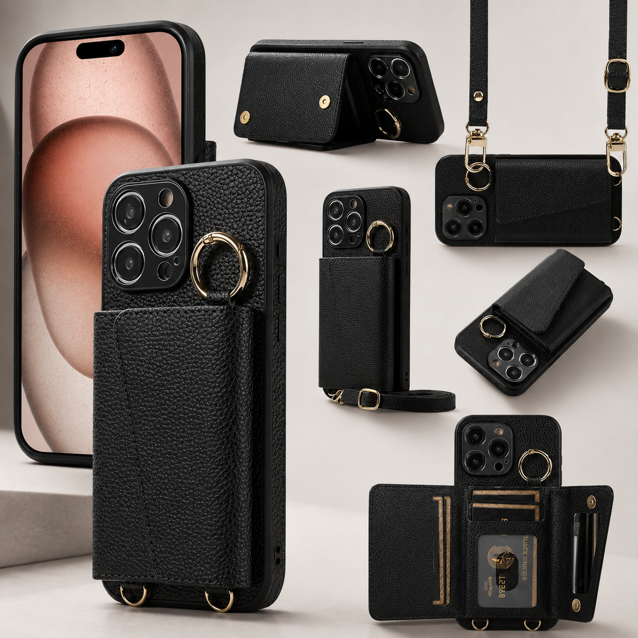 Premium iPhone Case MagSafe Compatible Magnetic Crossbody Wallet Cover PU Leather Card Holder Finger Ring Stand Strap Shockproof Full Coverage Design