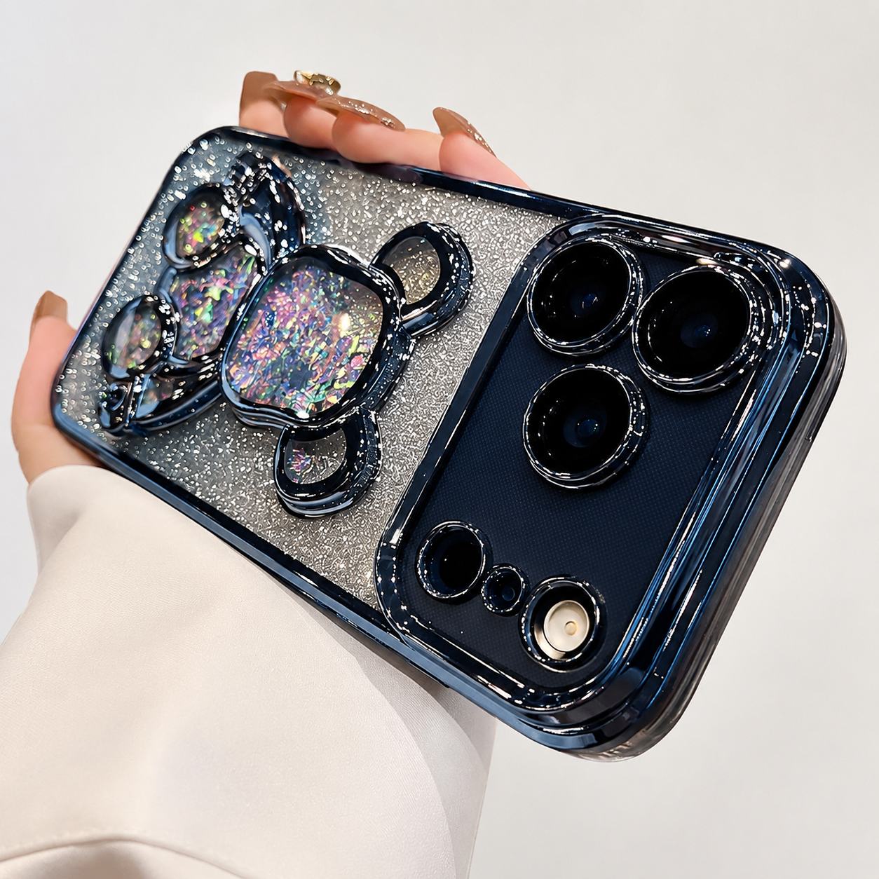 Premium iPhone Case Glitter Quicksand Bear Cover Shockproof Acrylic Plated Camera Protection Dustproof Full Coverage Anti Scratch Protective Design