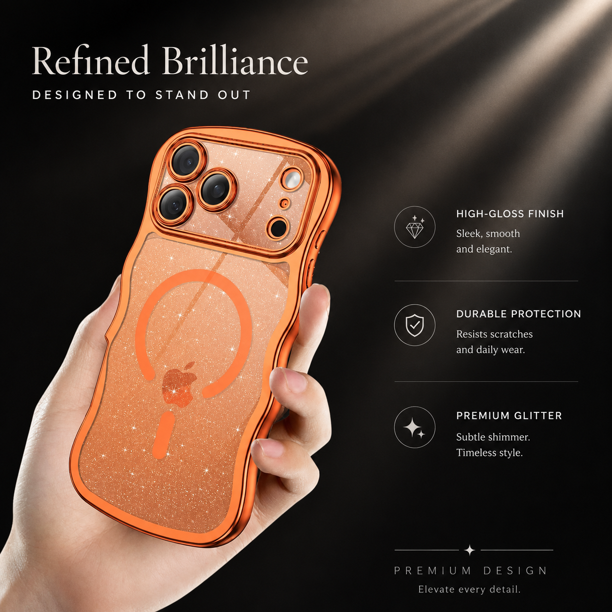Premium iPhone Case Clear Glitter Magnetic Hard Cover MagSafe Compatible Wavy Frame Anti Slip Anti Scratch Lightweight Full Coverage Protective Design