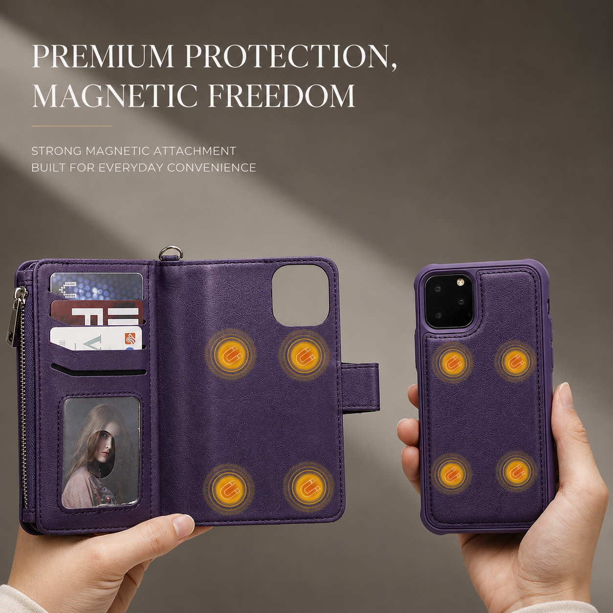 Premium iPhone Case Magnetic Detachable Wallet PU Leather Flip Cover Card Holder Kickstand Shockproof Full Coverage Protective Design