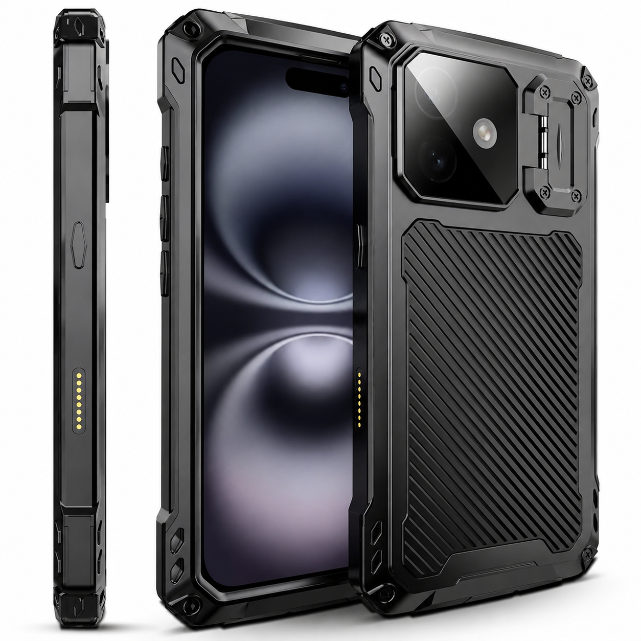 Premium iPhone Case Heavy Duty Metal MagSafe Cover Camera Guard Kickstand 9H Screen Protector Shockproof Aluminum Bumper Full Coverage Protective Design