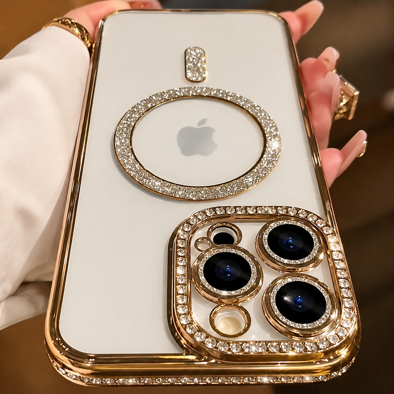 Premium iPhone Case MagSafe Compatible Transparent Glitter Diamond Design Shockproof Bumper Protective Cover Camera Lens Guard Ultra Thin Slim Design