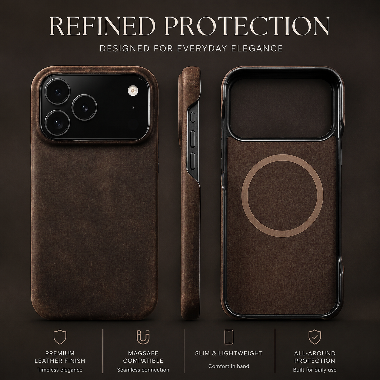 Premium iPhone Case MagSafe Compatible Genuine Leather Magnetic Cover Cowhide Texture Shockproof Protective Cover Anti Scratch Full Back Slim