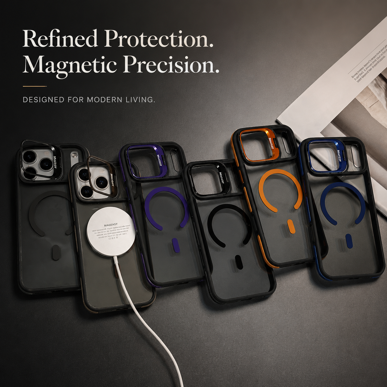 Premium iPhone Case MagSafe Compatible Magnetic Transparent Matte Cover Built In Kickstand Shockproof Protective Camera Lens Guard Slim Full Coverage