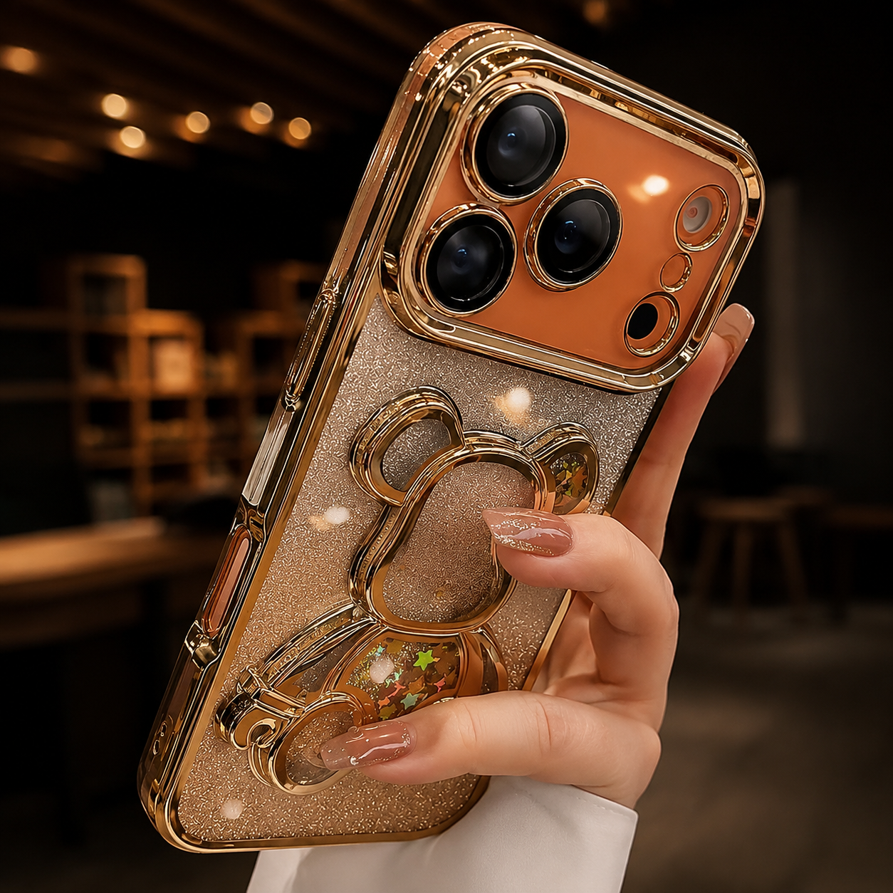 Premium iPhone Case Glitter Quicksand Bear Cover Shockproof Acrylic Plated Camera Protection Dustproof Full Coverage Anti Scratch Protective Design