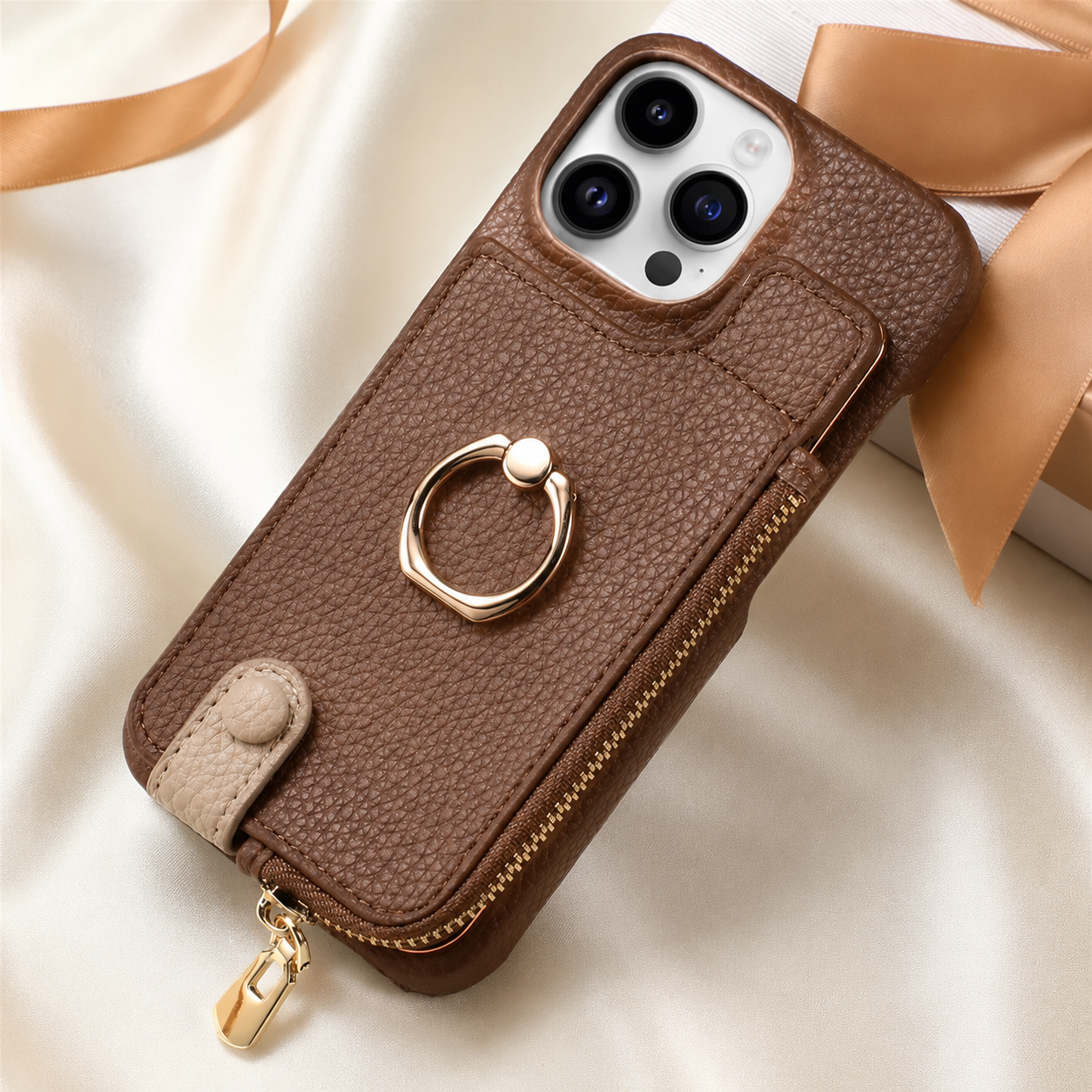 Premium iPhone Case Leather Zipper Wallet Cover MagSafe Compatible Card Holder Ring Kickstand Magnetic Closure Shockproof Camera Protection Full Coverage