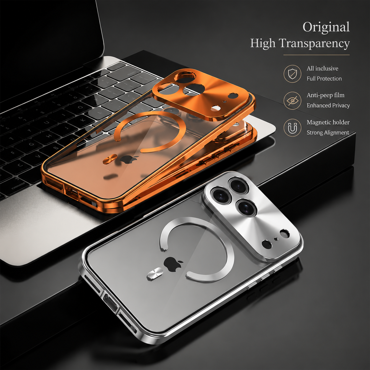 Premium iPhone Case MagSafe Compatible Magnetic Aluminum Frame Privacy Screen Protector Clear Back Shockproof Camera Lens Guard Slim Full Coverage