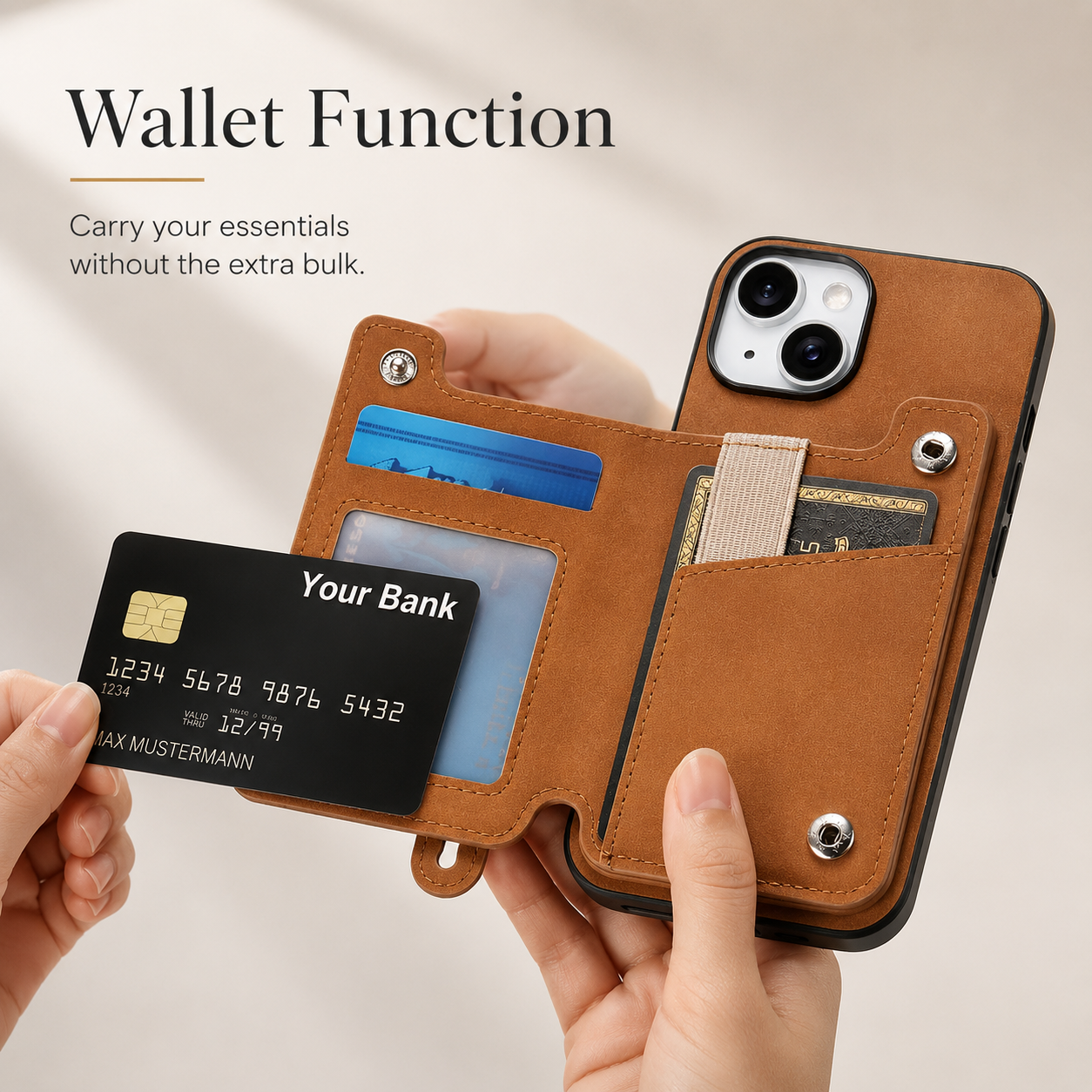 Premium iPhone Wallet Case Detachable Zipper Flip Cover PU Leather Card Holder Magnetic Closure Wrist Strap Shockproof Full Coverage Protective Design