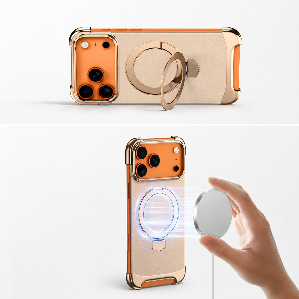 Premium iPhone Case MagSafe Compatible Frameless Magnetic Leather Back Metal Bumper Stand Shockproof Camera Lens Guard Ultra Thin Design