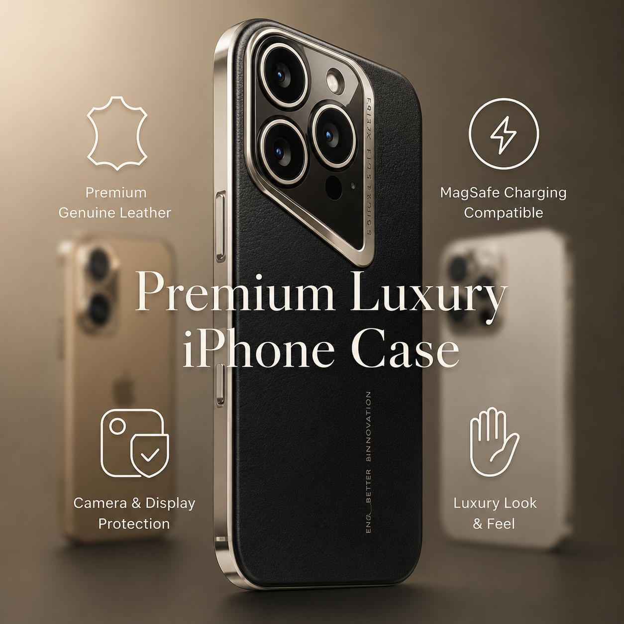 Premium iPhone Case Genuine Leather Shockproof Protective Cover Electroplated Hard Back Camera Lens Protection Anti Slip Grip Slim Full Coverage