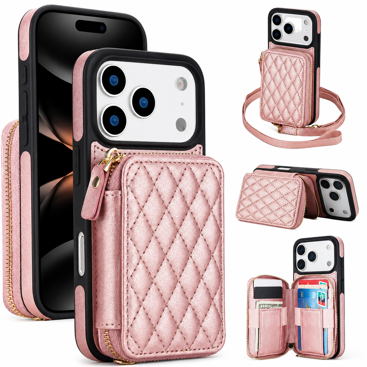 Premium iPhone Case Crossbody Wallet Folio Cover RFID Blocking Card Holder Zipper Kickstand Wrist Strap Shockproof Protective Full Coverage