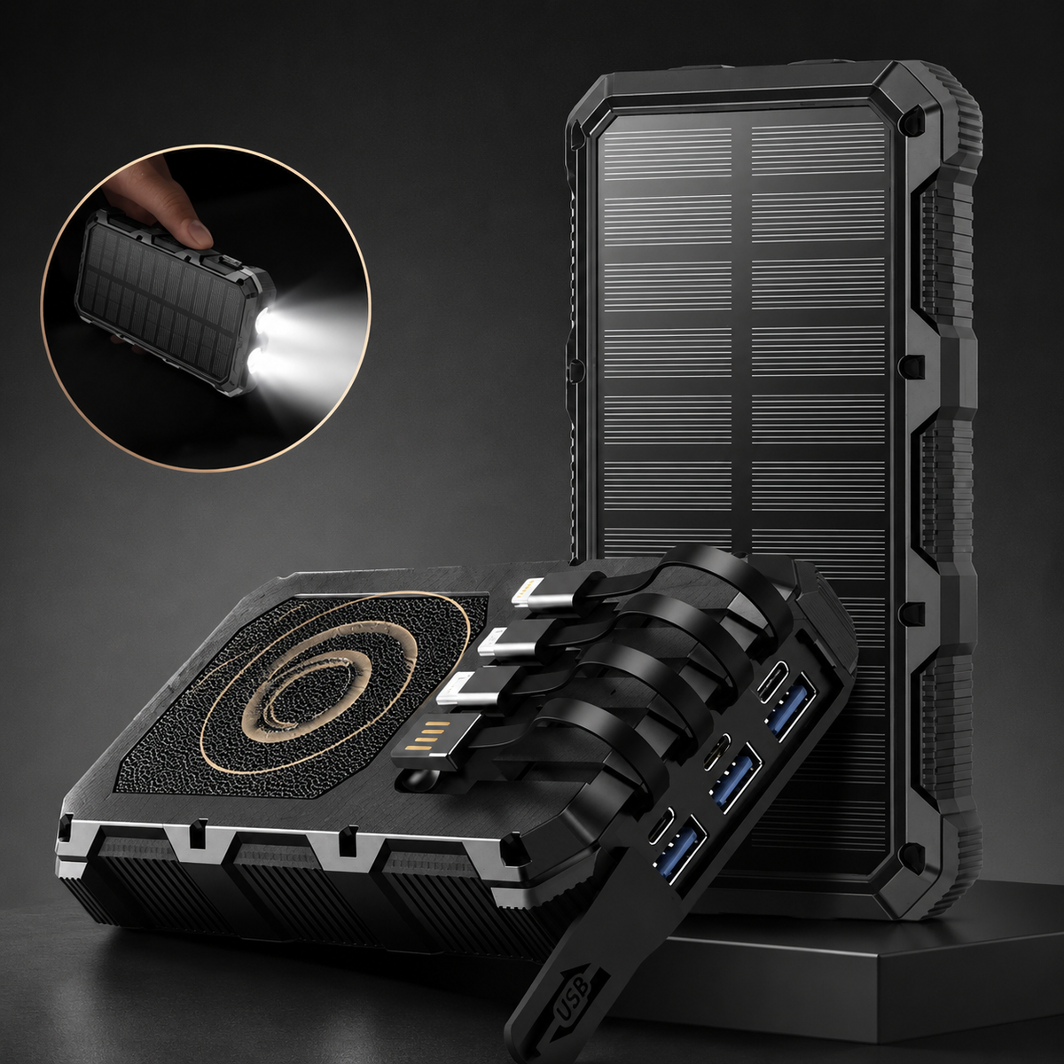 Premium 20000mAh Solar Power Bank Fast Charging Portable Battery Pack LED Flashlight Outdoor Travel Charger USB Device Charging Everyday Use Mode