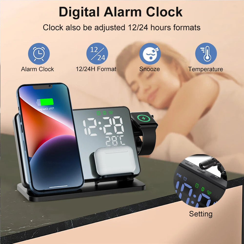 Premium 3 In 1 Wireless Charger Fast Charging Dock Station with Clock Multi Device Charging Stand for Smartphone Watch and Earbuds