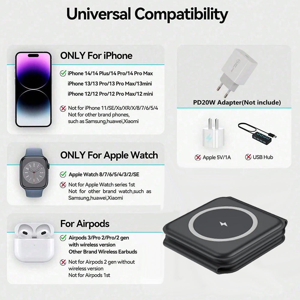 Premium 3 In 1 Wireless Charger Foldable Aluminum Charging Station MagSafe Compatible 15W Fast Magnetic Charging Dock