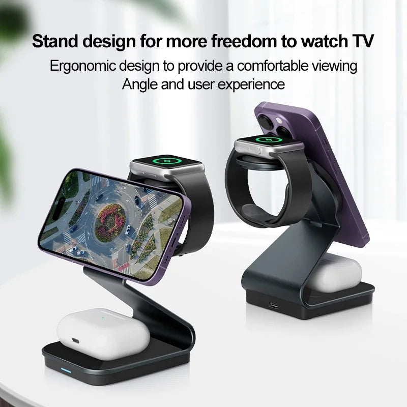Premium 3 In 1 Wireless Charger Foldable Aluminum Charging Station MagSafe Compatible 15W Fast Magnetic Charging Dock