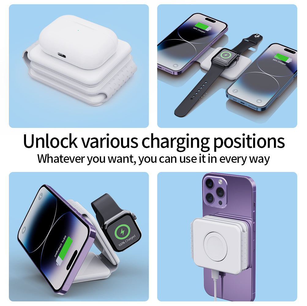 Premium 3 In 1 Wireless Charger Foldable MagSafe Compatible 15W Fast Charging Station Magnetic Portable Dock for Smartphone Watch and Earbuds