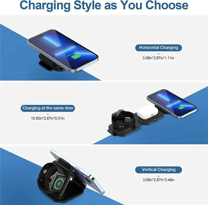 Premium 3 In 1 Wireless Charger Foldable MagSafe Compatible 15W Fast Charging Station Magnetic Portable Dock for Smartphone Watch and Earbuds