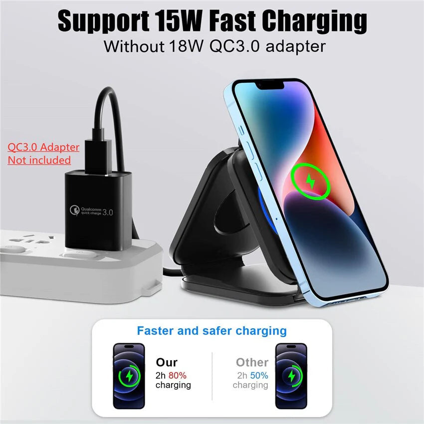 Premium 3 In 1 Wireless Charger Foldable MagSafe Compatible 15W Fast Charging Station Magnetic Portable Dock for Smartphone Watch and Earbuds