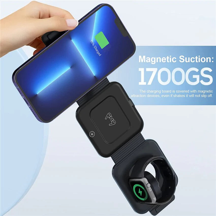 Premium 3 In 1 Wireless Charger Foldable MagSafe Compatible 15W Fast Charging Station Magnetic Portable Dock for Smartphone Watch and Earbuds
