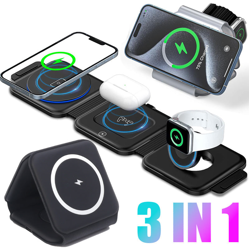 Premium 3 In 1 Wireless Charger Foldable MagSafe Compatible 15W Fast Charging Station Magnetic Portable Dock for Smartphone Watch and Earbuds